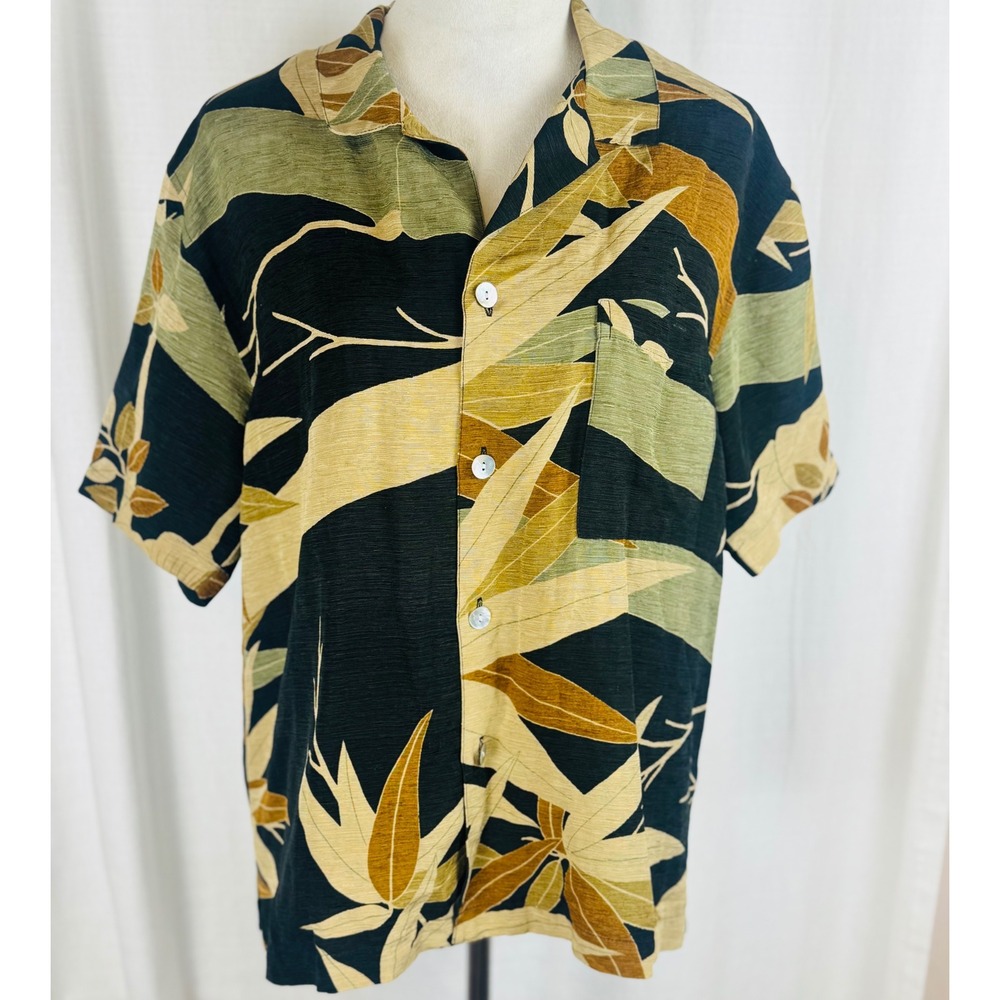 Chico's Design Silk Linen Tropical Floral Button Down Shirt Black Green Women 2